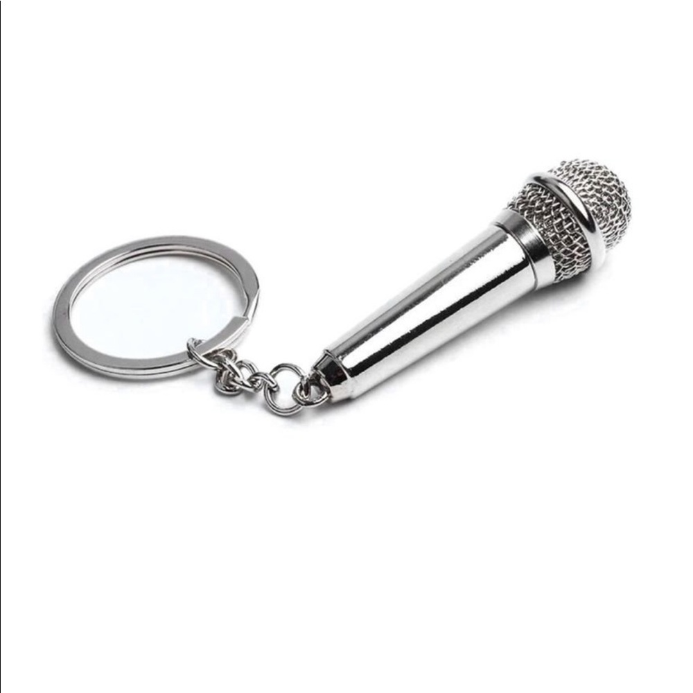Microphone keychain silver zinc alloy removable top hidden compartment sing NWOT
